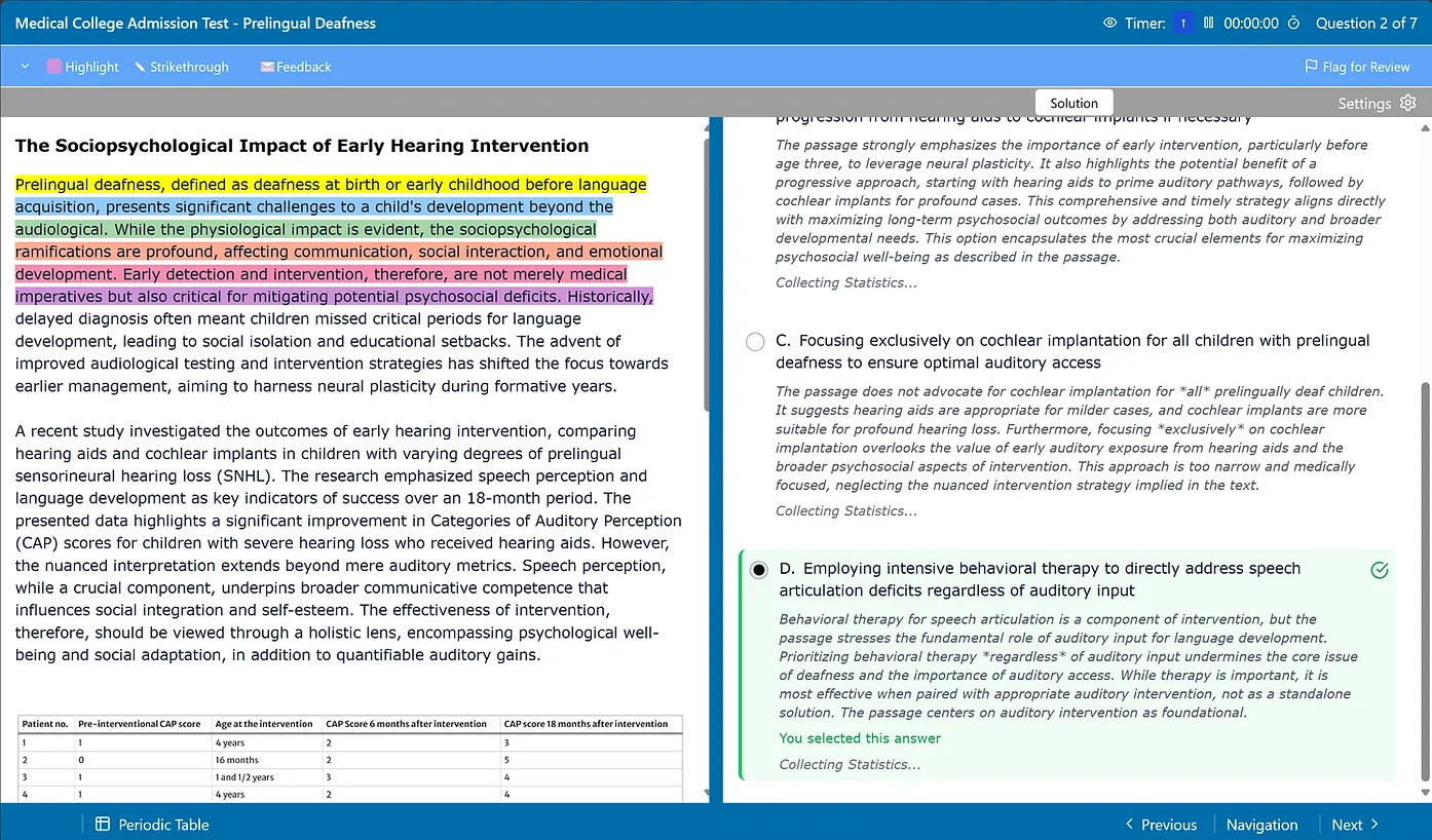 Premier Exam Prep practice platform showing a timed MCAT passage with multi-color highlighting, answer choices, and worked explanations in a realistic test-day interface.