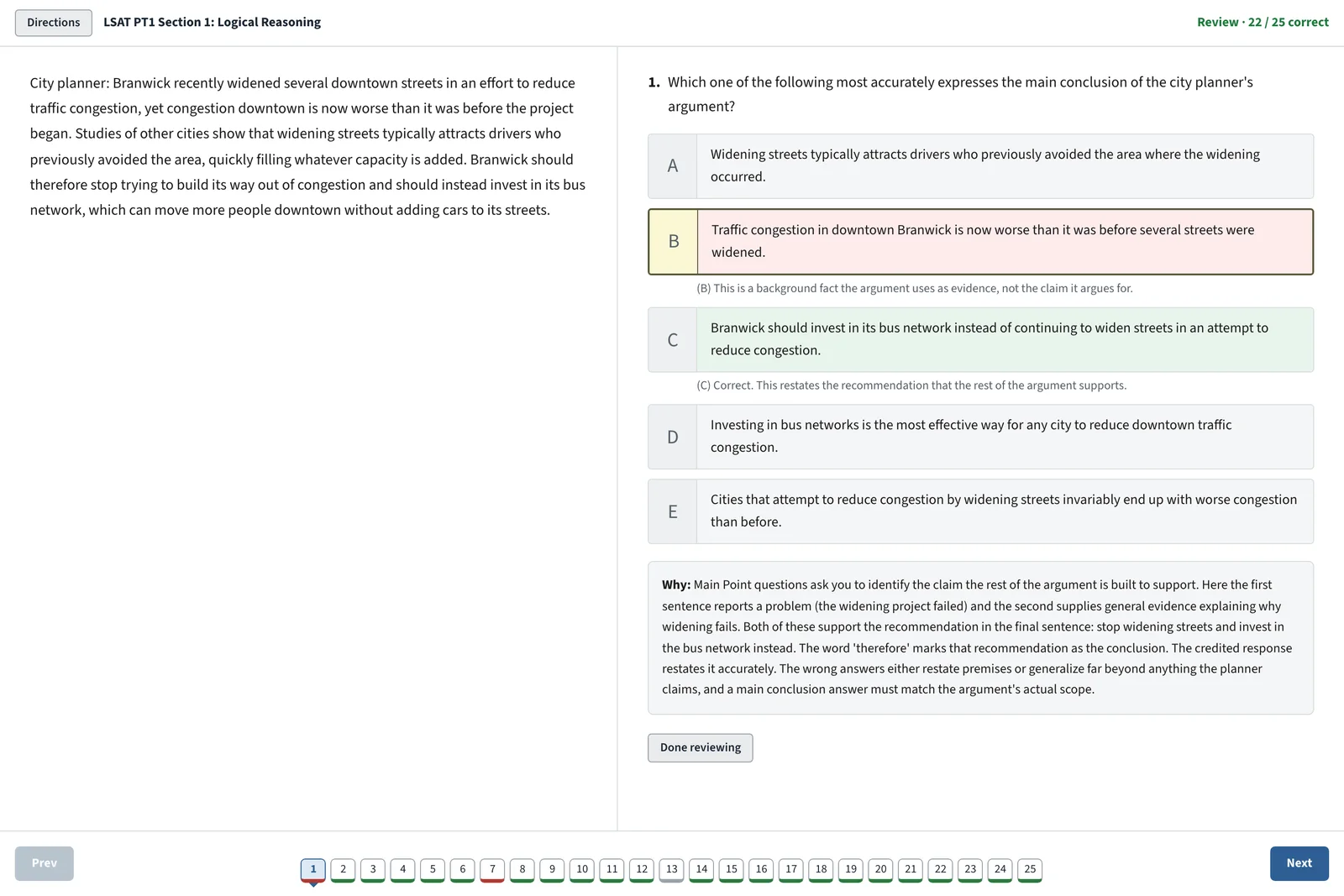 The review screen after a practice section: the wrong pick is marked with an explanation of why it fails, the credited answer is explained, and a Why panel walks through the full reasoning