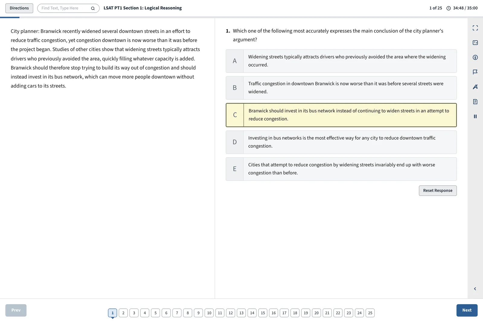 The LSAT practice interface: a Logical Reasoning question with the stimulus on the left, five lettered answer choices on the right, a section timer, and a question navigator along the bottom