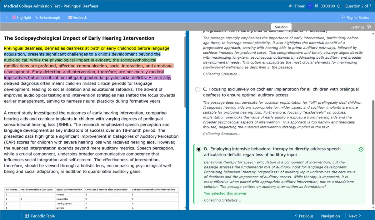 The MCAT question bank review screen, showing a highlighted passage on the left and an explanation under each answer choice on the right