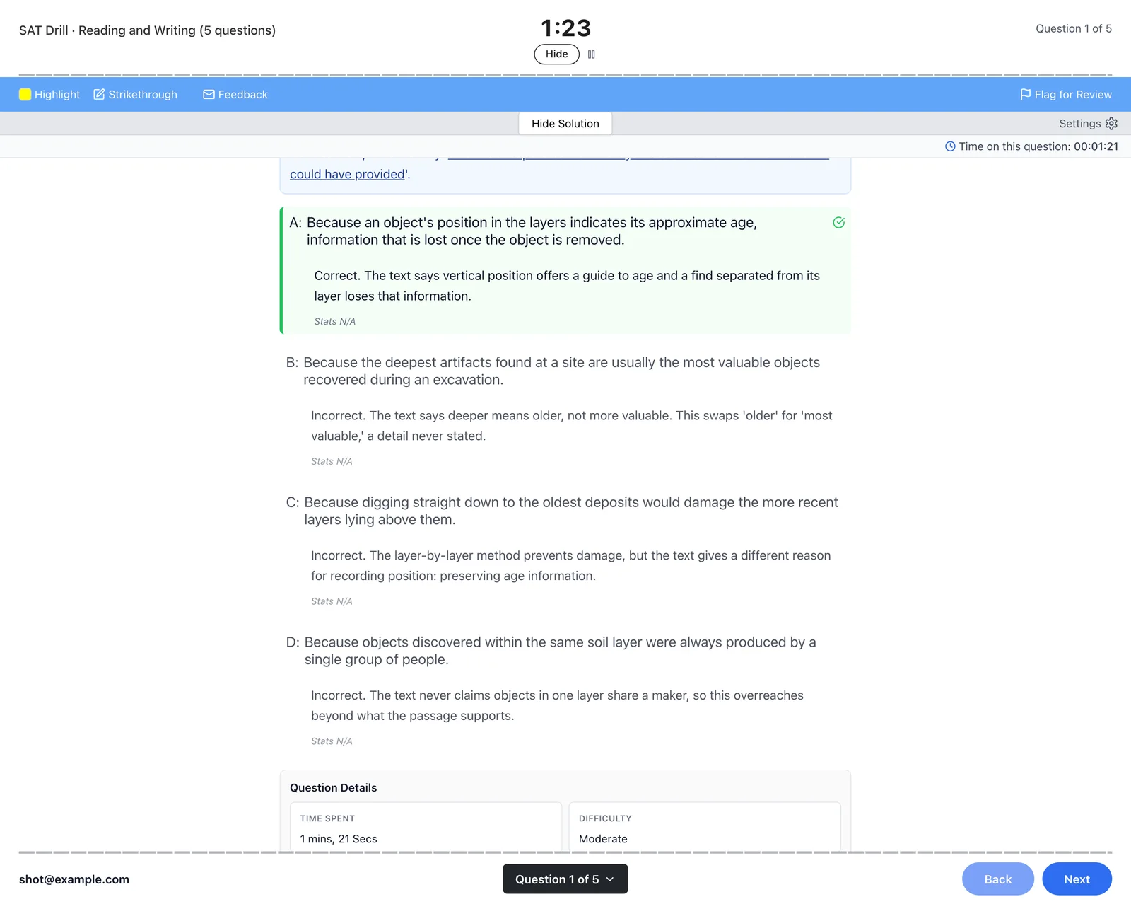 The solution view after revealing an answer: the credited choice marked correct with its explanation, each wrong choice explained, and a question details panel showing time spent, difficulty, domain, and skill