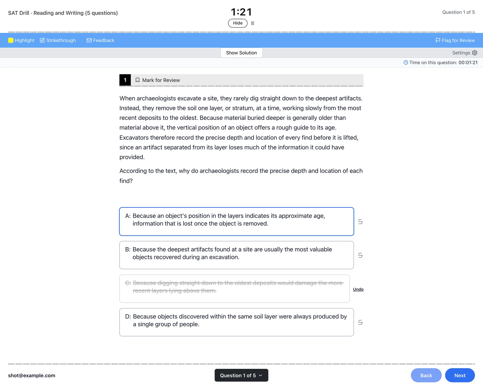 The digital SAT practice interface: a Reading and Writing question with the passage and question, four lettered answer choices with one selected and one eliminated, a section timer, and a question navigator