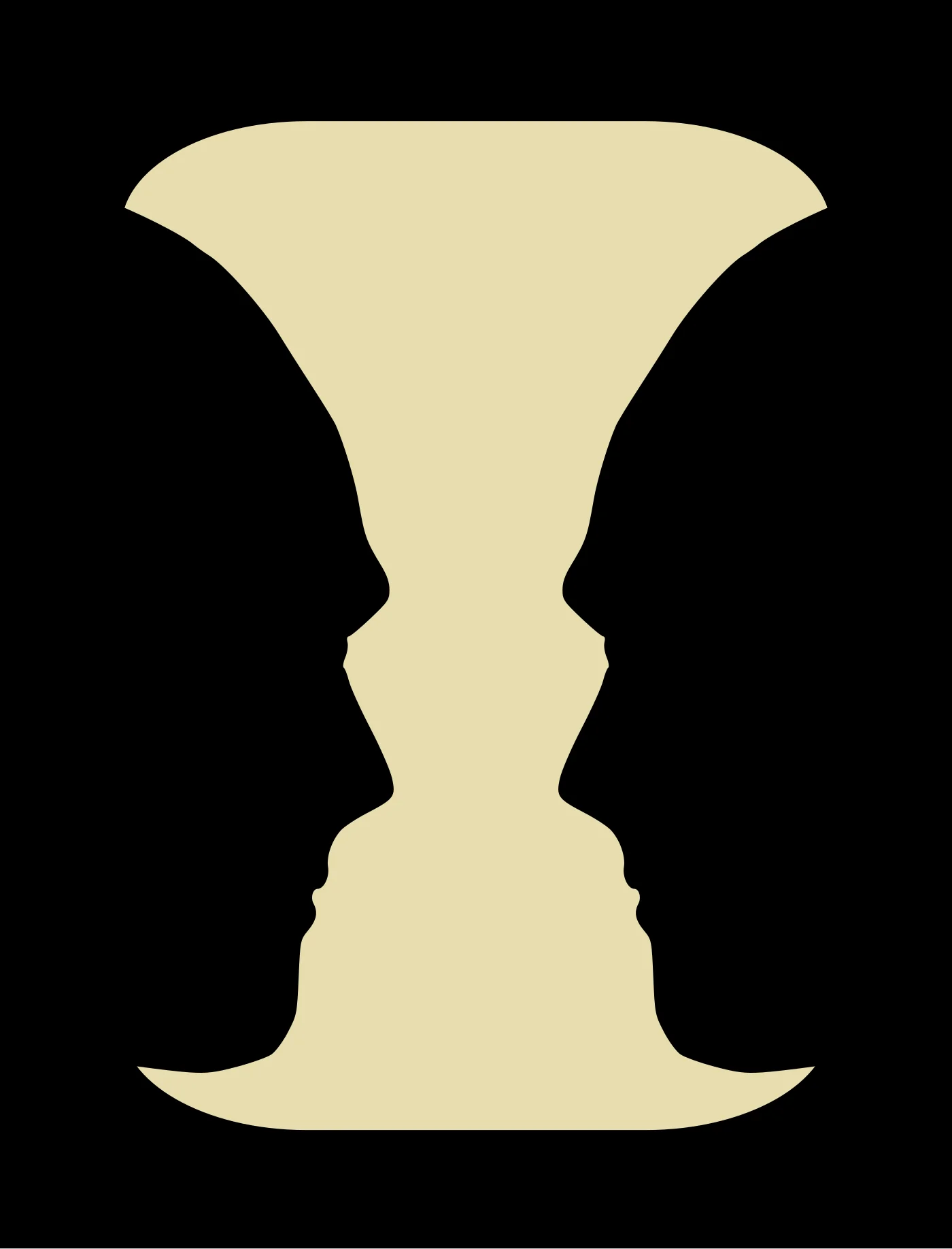 Rubin's vase figure-ground illusion: a bi-stable image that can be perceived as either a light-colored vase on a black background or two facing silhouetted profiles on a light background