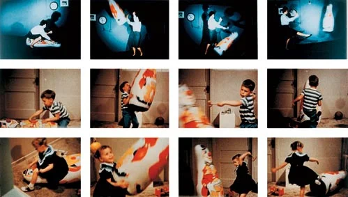 Twelve-panel grid of film stills from Bandura's 1963 Bobo doll experiment. Top row: the adult model strikes the inflatable Bobo doll with a mallet and kicks it. Middle row: a young boy imitating the same attacks. Bottom row: a young girl imitating the attacks. The children's actions closely mirror the model's