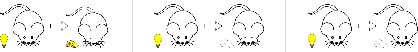 Three-panel sequence showing extinction of a classical conditioning: acquisition (light + cheese → mouse seeks food), extinction (light alone, mouse still expecting cheese shown as dashed), full extinction (light alone, no anticipatory response)