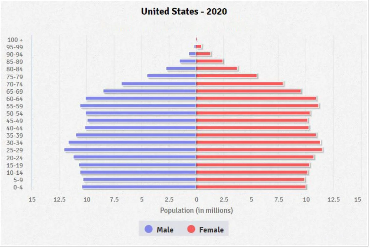 Population pyramid for the United States in 2020 with a relatively rectangular shape: bands from age 0 to age 60 are roughly similar in width, with a slight bulge in the 25–34 and 55–64 cohorts and a clear taper above age 70
