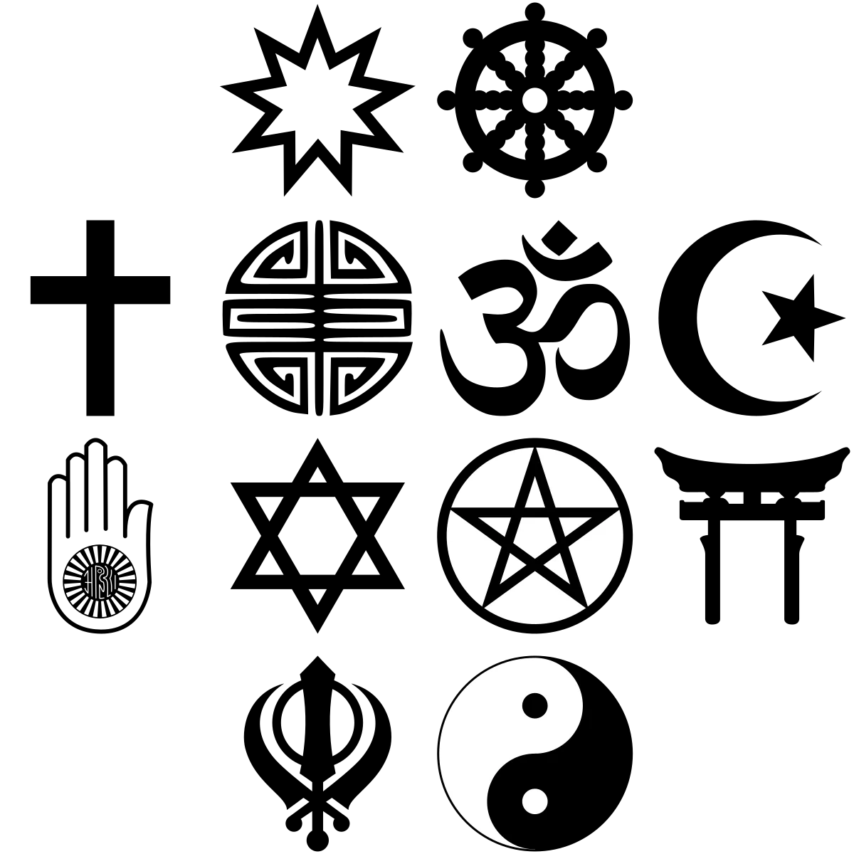 Black-and-white grid of twelve religious symbols arranged in a 4-by-4 layout: a Bahá'í nine-pointed star, the Buddhist dharma wheel, a Christian cross, a Chinese 'shou' character, the Hindu Om, the Islamic crescent and star, the Jain hand with wheel, the Jewish Star of David, the Wiccan pentagram, the Shinto torii, the Sikh khanda, and the Taoist yin-yang