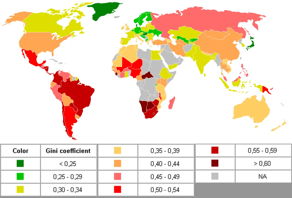 World map color-coded by Gini coefficient. Northern Europe, Canada, Japan, and Eastern Europe are shown in green (low inequality, Gini under 0.35). The United States, Russia, China, and parts of Africa are in yellow-orange (moderate inequality). Most of South America, southern Africa, and parts of Central America are in red (Gini above 0.5, very high inequality)