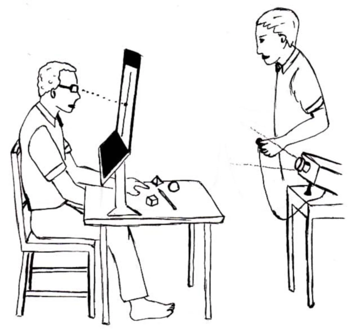 Line drawing of a split-brain experimental setup. A patient sits at a table behind a vertical screen, fixating straight ahead. Test objects are placed in front of them under a cloth. A second figure to the right operates a slide projector that flashes images to one visual half-field, beyond the patient's view of their own hands