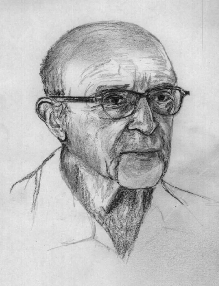 Pencil sketch portrait of Carl Rogers, an older man with glasses, looking thoughtfully off to the side