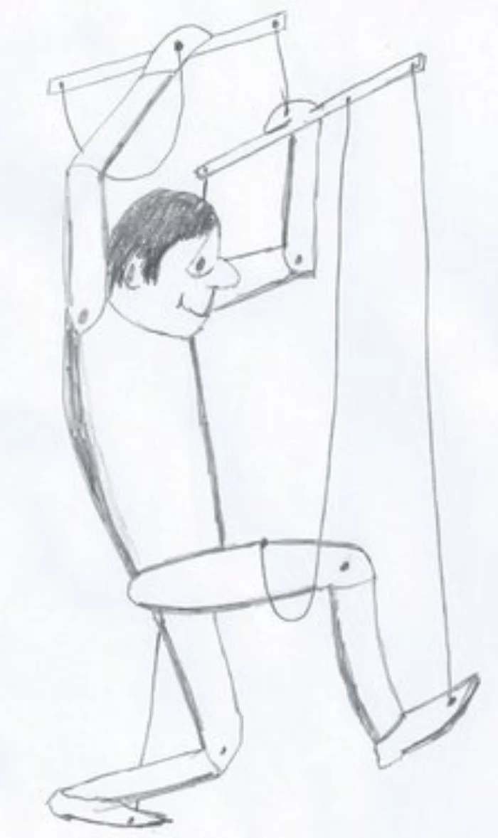 Pencil sketch of a wooden marionette puppet with strings attached to its head, arms, and legs, controlled from above