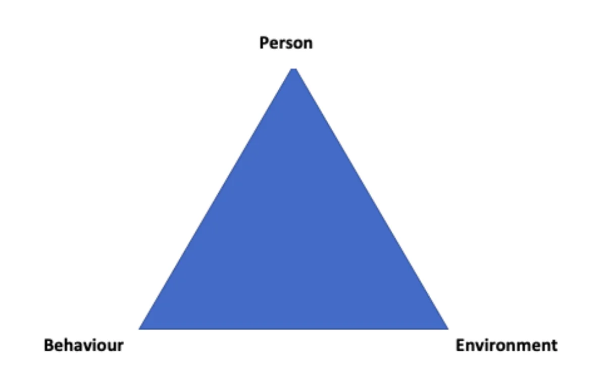 Triangle diagram with three labeled vertices: Person at the top, Behaviour at the bottom-left, and Environment at the bottom-right, illustrating mutual influence between the three