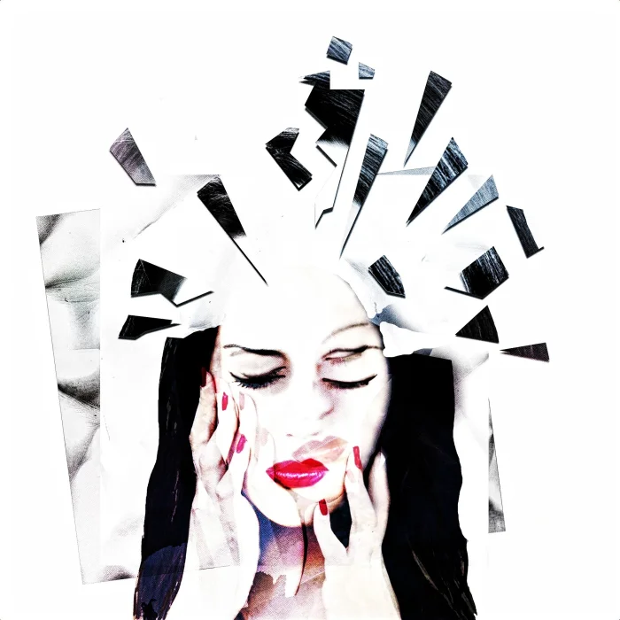 Mixed-media collage portrait of a woman with eyes closed and red lips, hands pressed to her face. Jagged black-and-white paper shards radiate outward from her head as if her sense of self were fracturing apart