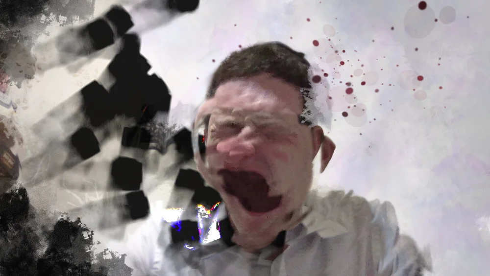A surreal, distorted self-portrait conveying the subjective experience of a panic attack. The face is stretched, mouth wide open as if mid-scream, with checkerboard fragments dissolving on one side and red droplets and blurred light scattered around the head, evoking derealization and overwhelming sensory chaos