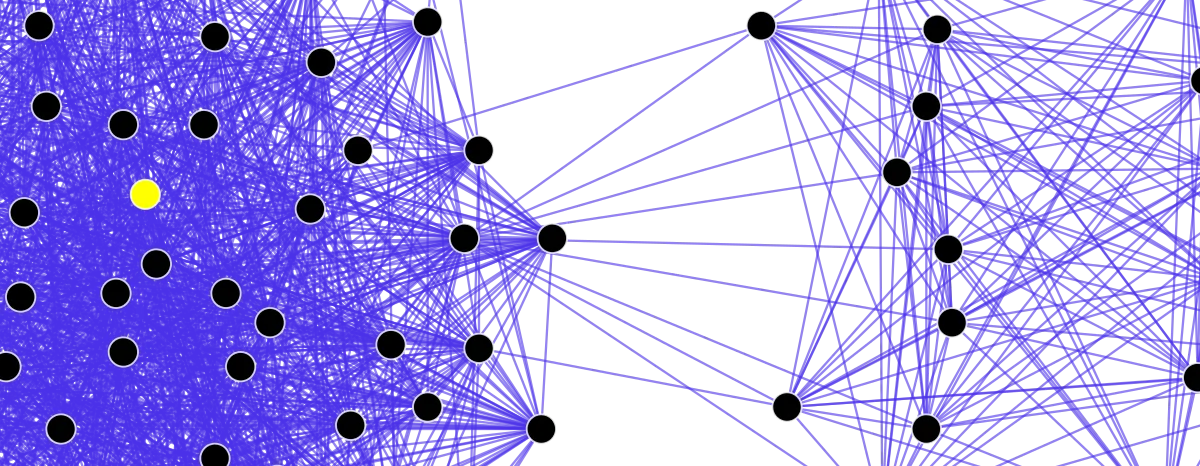 Stylized diagram of a social network: a tree of black-suit silhouettes branches downward from a top figure, while two green figures act as bridge ties to a separate cluster on the right, with a cloud-shaped intermediate group in the middle