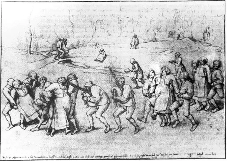 A 1564 pen-and-ink drawing by Pieter Bruegel the Elder showing a chain of medieval villagers - men and women in long tunics - holding each other and apparently dancing wildly across a country path while bystanders watch