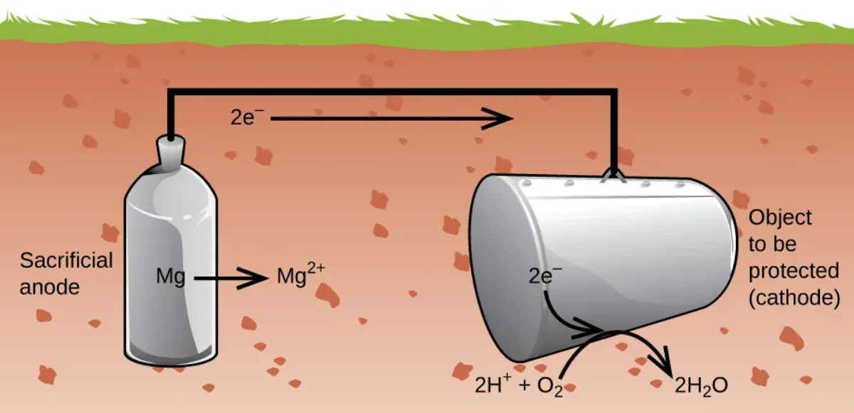 Diagram of cathodic protection showing a buried magnesium sacrificial anode connected by a wire to an underground steel storage tank, with arrows indicating electron flow from the magnesium to the steel