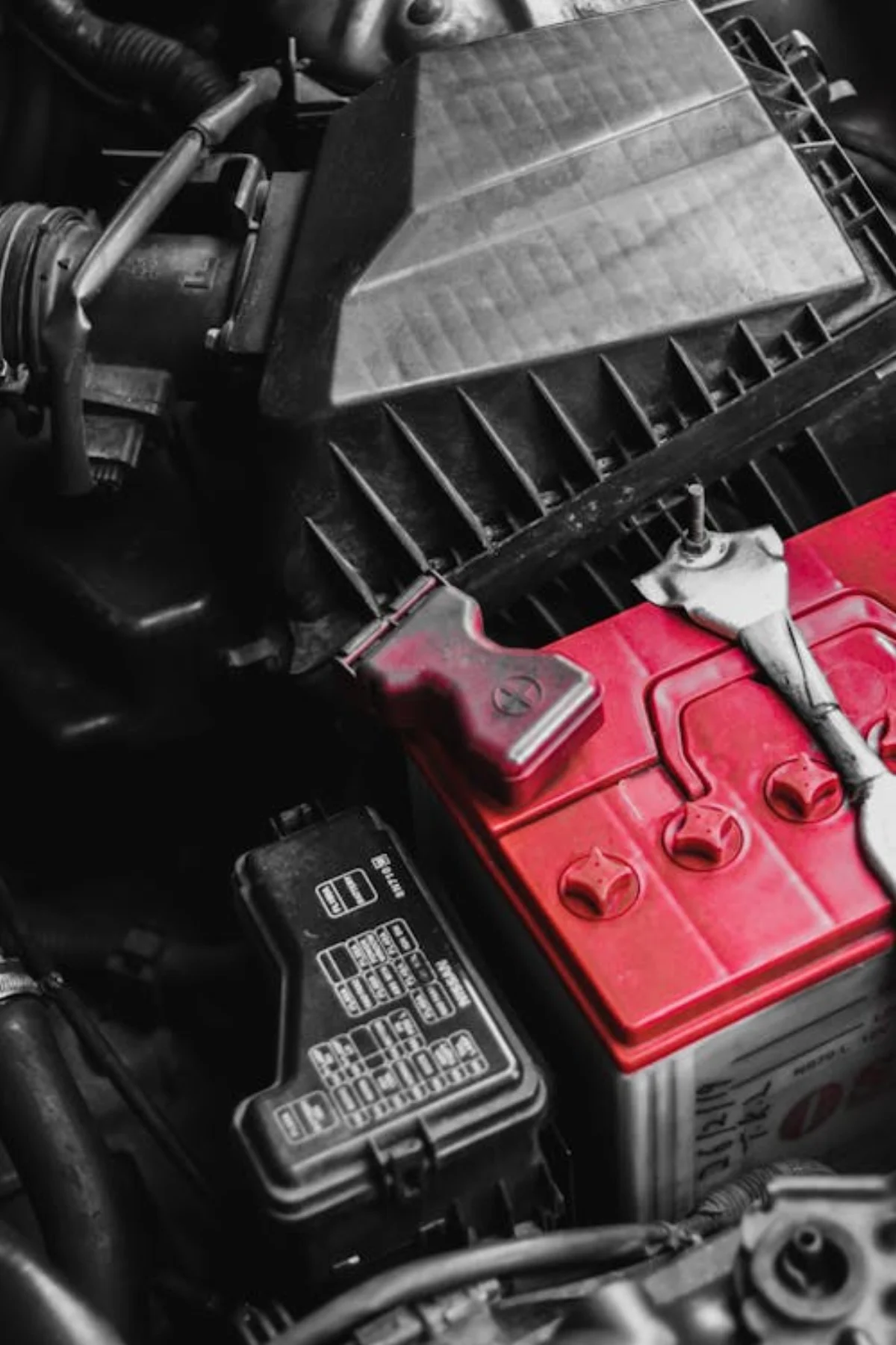Close-up photograph of a red lead-acid car battery installed in an engine compartment, showing the positive terminal connection
