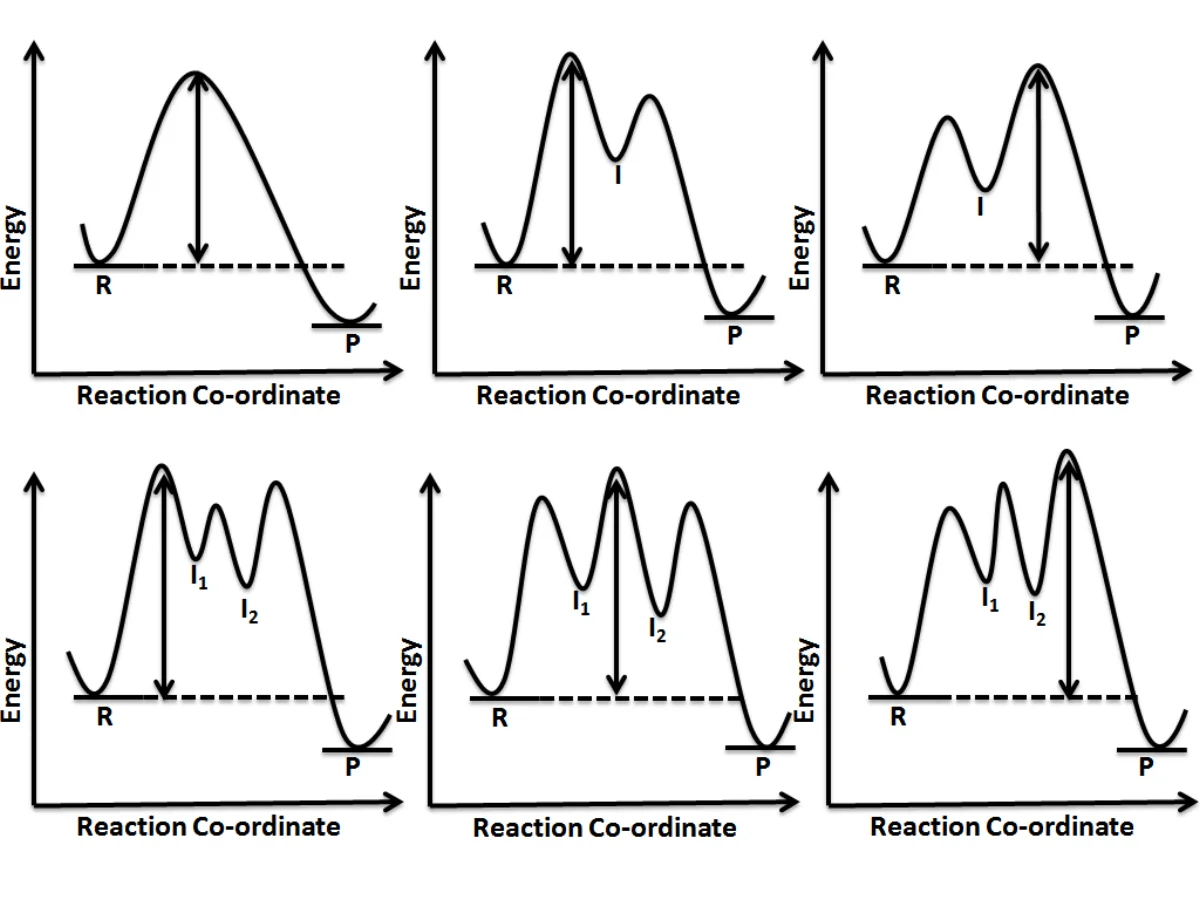Six reaction coordinate diagrams showing progressively more complex mechanisms: single step exothermic, two-step with one intermediate, two-step with different rate-determining steps, and three-step mechanisms with two intermediates labeled I1 and I2
