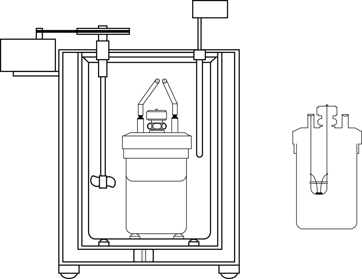 Cross-section diagram of a bomb calorimeter showing the sealed steel bomb container inside an insulated water jacket, with a stirrer, thermometer, and ignition wires visible.