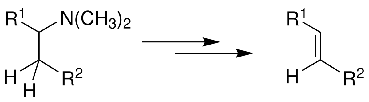 Hofmann elimination overview showing exhaustive methylation of amine followed by elimination to give less-substituted alkene