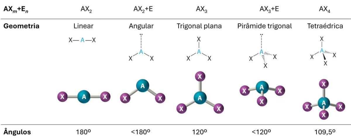 Common molecular geometries: linear, trigonal planar, tetrahedral, trigonal pyramidal, bent, octahedral