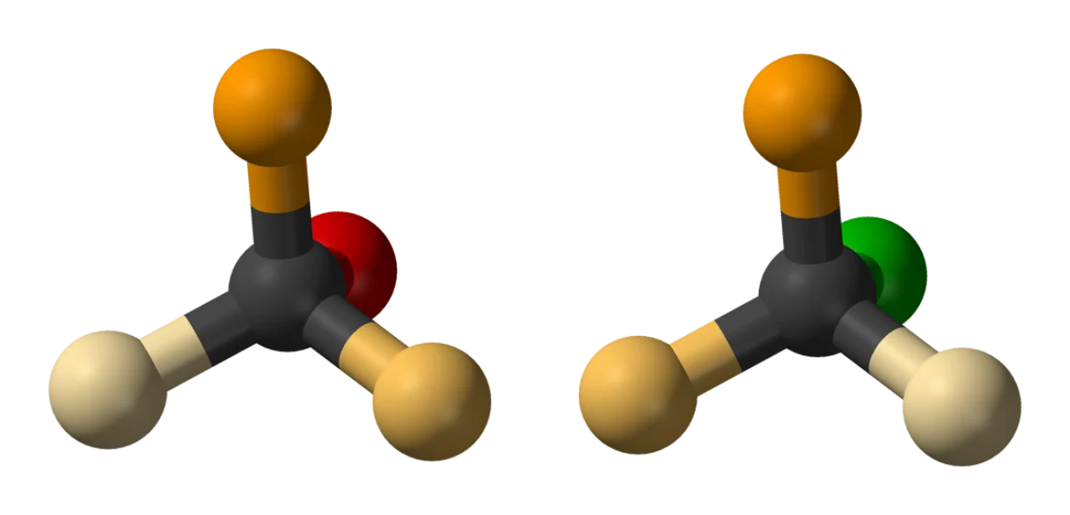 3D ball-and-stick comparison of substrate before and after SN2 Walden inversion, showing the carbon has inverted like an umbrella turning inside out
