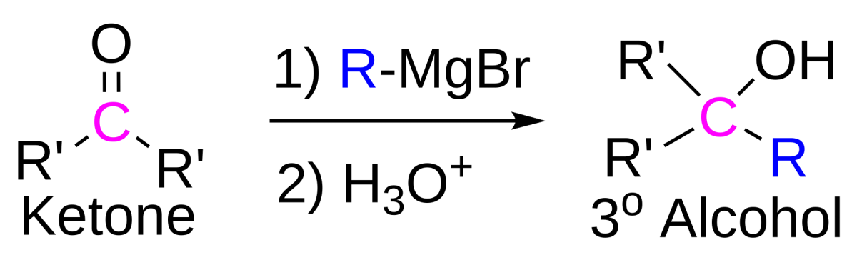 Grignard reagent attacking a ketone to form a tertiary alcohol after aqueous workup