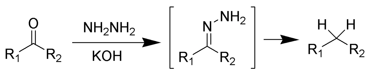 Wolff-Kishner reduction reaction scheme showing ketone converting to hydrazone with hydrazine, then decomposing in strong base with heat to give alkane plus nitrogen gas