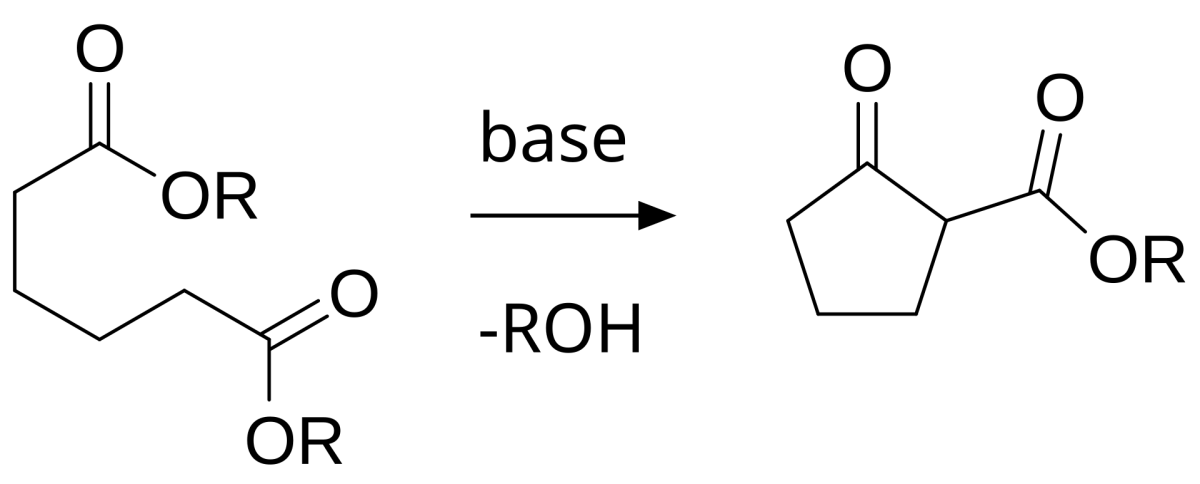 Dieckmann condensation scheme: diester cyclizes under base to give a cyclic beta-keto ester with loss of alcohol