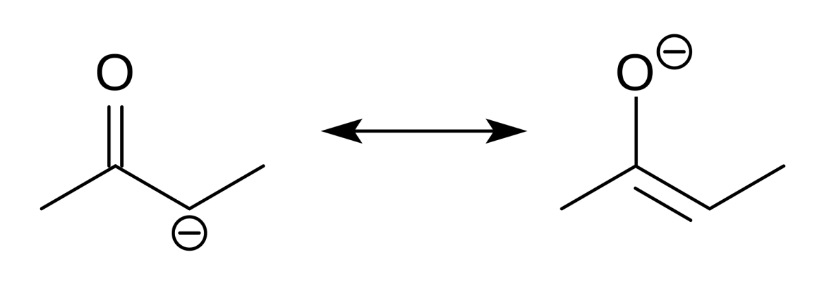 Enolate resonance structures showing negative charge delocalized between alpha-C and carbonyl O