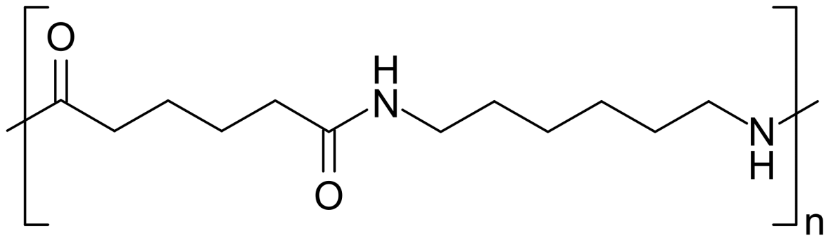 Nylon 6,6 polymer structure showing repeating amide bonds between adipic acid and hexamethylenediamine monomers